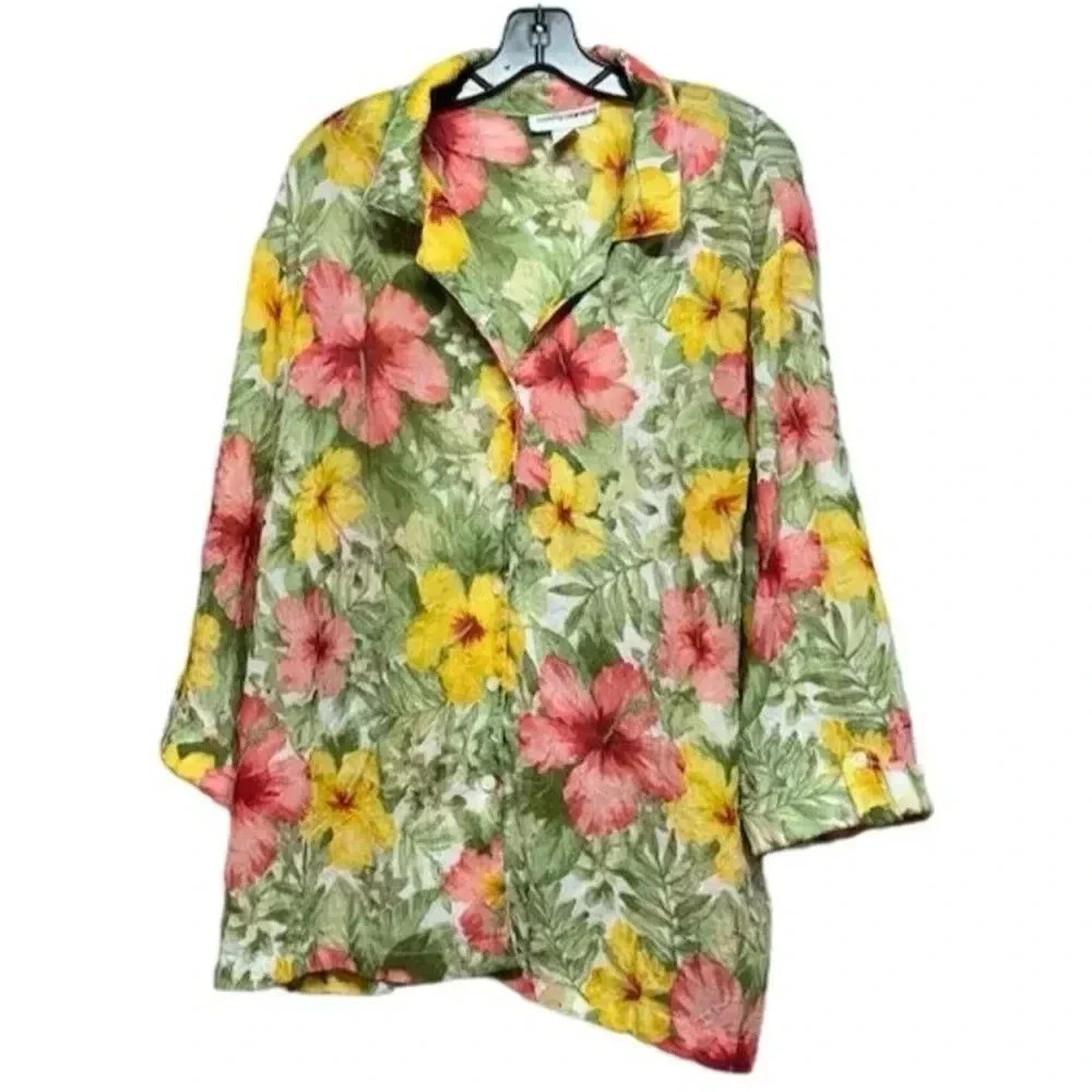Cathy Daniels Women's 2XL Floral Hawaiian Button-Up Shirt Multicolor Long Sleeve
